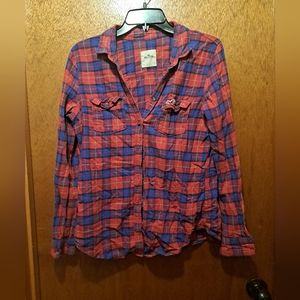 Junior Hollister Red And Blue Long Sleeve Button Up Flannel Large